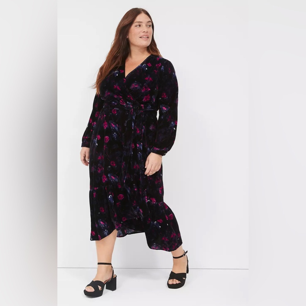 NWT Lane Bryant Multicolor Floral Dress Tiered Wrap Velvet Midi Dress